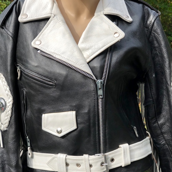 VTG UNIK MOTO LEATHER BLACK WHITE FRINGED JACKET - Picture 5 of 7